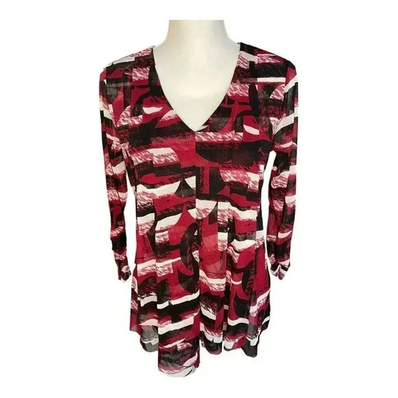 Alfani Women’s Small Red,‎ White, & Black Ruched Pullover V-Neck Blouse - Picture 1 of 4